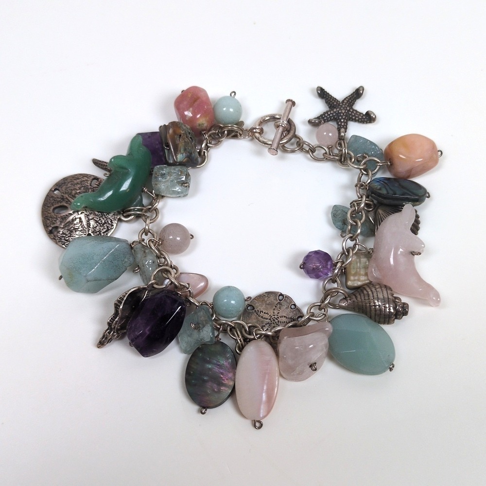 SAJEN & SUNWEST 925 Sterling Silver Ocean Charm Bracelet Sea Life Gemstone Beach